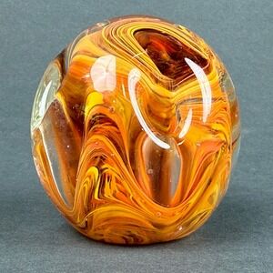 Hand Blown Art Glass Paperweight/Pencil Holder Orange Yellow Swirl Vtg READ